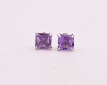 February Birthstone Princess Purple Amethyst Stud Earrings 7mm 4.00TC 925 Silver