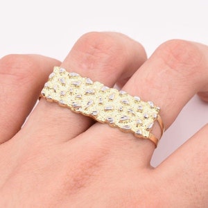 Men&#39;s Rectangular Nugget Diamond Cut Two Finger Ring Real 10K Yellow White Gold