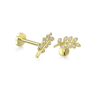 Leaf CZ Minimalist Tragus Ear Piercing Stud Real 14k Solid Gold