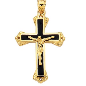 1 3/4&quot; Onyx Enamel Crucifix Cross Pendant Charm Real 14K Yellow Gold