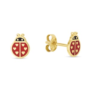 1/4&quot; Red Enamel Lady Bug Stud Earrings Real 14K Yellow Gold