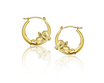 Cherub Angel Shiny Polished Hoop Earrings Real 14K Yellow Gold 1.00 gram