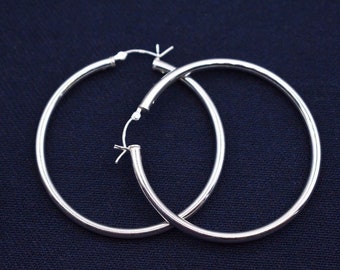 3mmX50mm 2" Large Plain Polished Round Hoop Earrings Real 925 Sterling Silver