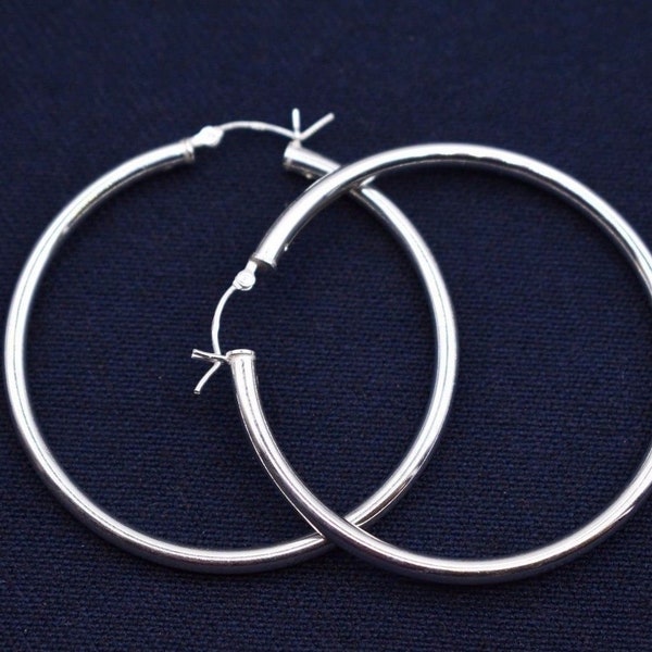 3mmX50mm 2" Large Plain Polished Round Hoop Earrings Real 925 Sterling Silver