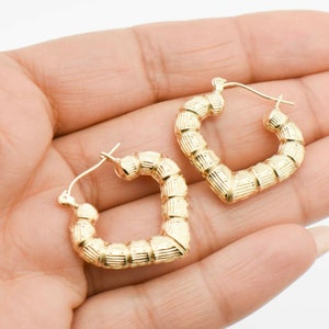 1" Small Diamond Cut Heart Bamboo Hoop Earrings Real 10K Yellow Gold