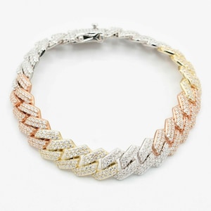 12.6mm Edge Miami Cuban Chain CZ Box Bracelet 14K Tri-Color Gold Clad Silver 925