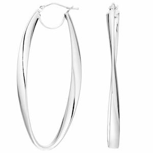 Créoles articulées ovales torsadées de 1 3/4 po. Véritable or blanc 14 carats 2,6 g