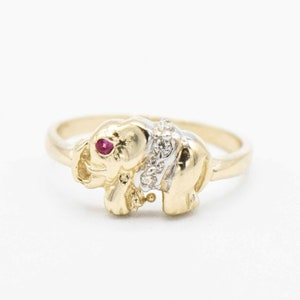 Strukturierter CZ Elefant mit Rubin Augen Ring Echtes solides 10K Gelb-Weiß-Gold
