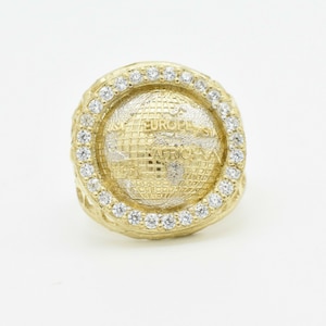 Men&#39;s CZ Bordered Large Textured World Ring Real Solid 10K Yellow White Gold