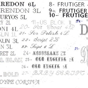 May include: A white paper with black text listing different font names and sizes. The text includes "Glaredon 6L", "Clarendon 3L", "Centuryos 5L", "Century 2L", "Bodoni 4L", "Franklin 1L", "Franklin 3L", "Roman 3L", "Margaret 2L", "Arial Blak", "Arial", "Arial Bold", "Monotype Corsiva", "Frutiger 4L", "Frutiger 65", "Frutiger 75", "US Blok 1L", "Ser Croat 412", "Ser Polish 4 L", "Script 28", "Script 6 L", "Monograms 28", "Old English 2L", "Old English 3L", "Baby Script 42".