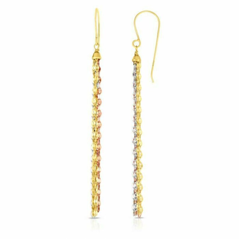 2 58 Tri-color Gold Shoulder Duster Drop Earrings Real 14K Yellow Gold 1.7gr