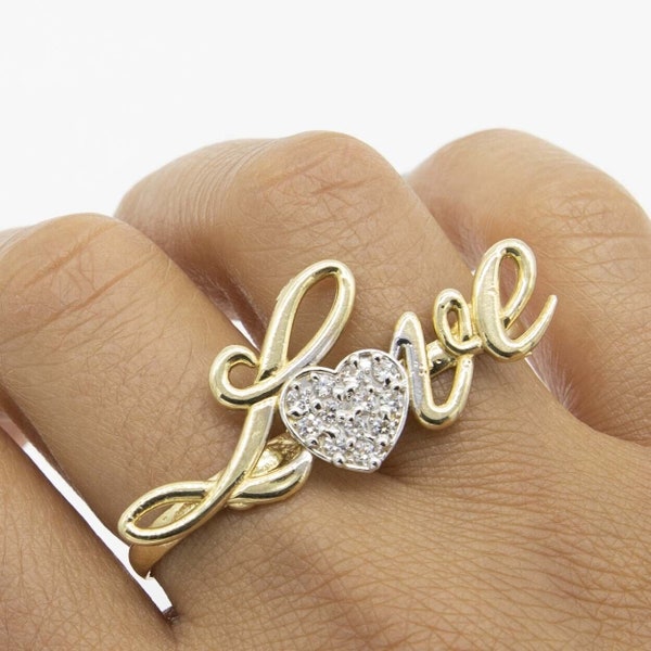 Shiny "Love" Script CZ Heart Two-Finger Ring Real 10K Yellow Gold