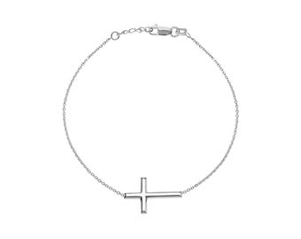 Adjustable Small Sideways Cross Cable Chain Bracelet Real 14K White Gold 7.5"