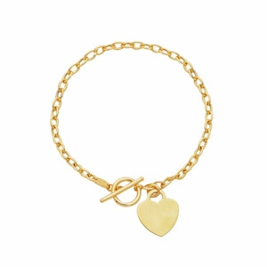 7.5" Heart Toggle Tag Oval Chain Charm Bracelet Real 14K Yellow Gold Engravable