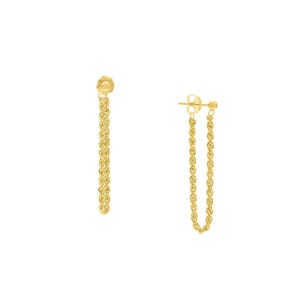 Brincos de corrente de corda torcida ouro amarelo 14K real