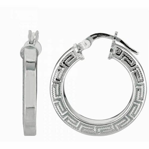 Boucles d'oreilles créoles fantaisie clé grecque de 5/8 po. diamants argent sterling 925