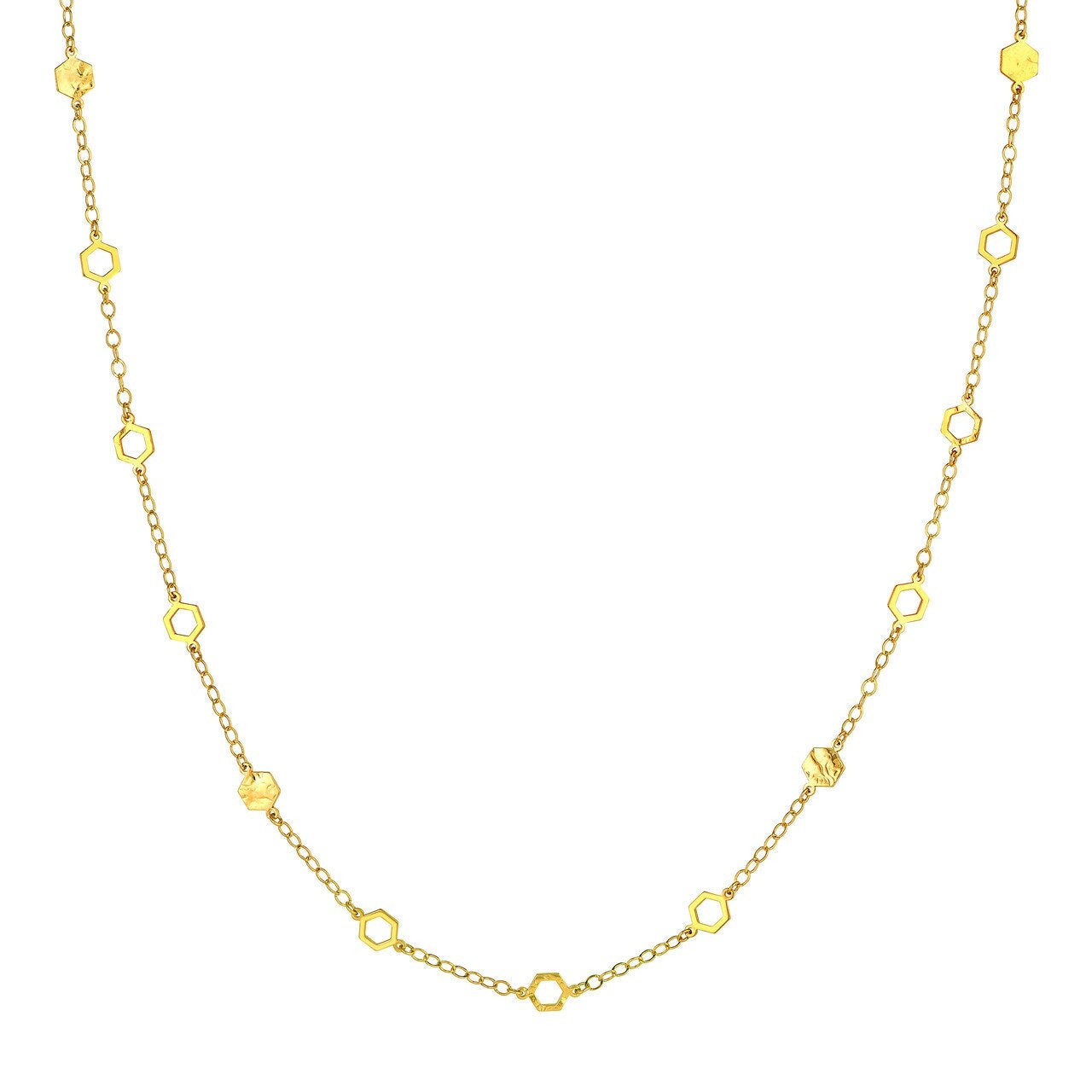 2mm Mix Hexagon Station Curb Chain Necklace Real 14K Yellow Gold 18"