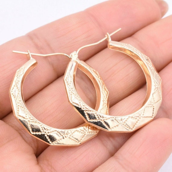 1 3 8 Rhombus Shape Textured Hoop Earrings Real 10K Yellow Gold Etsy UK