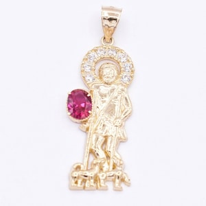 Saint Lazarus CZ Halo with Ruby Red Stone Charm Pendant Real 10K Yellow Gold