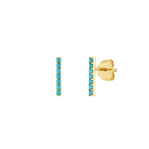 Staple Stud Bar with Nano Turquoise Earrings Real 14K Yellow Gold