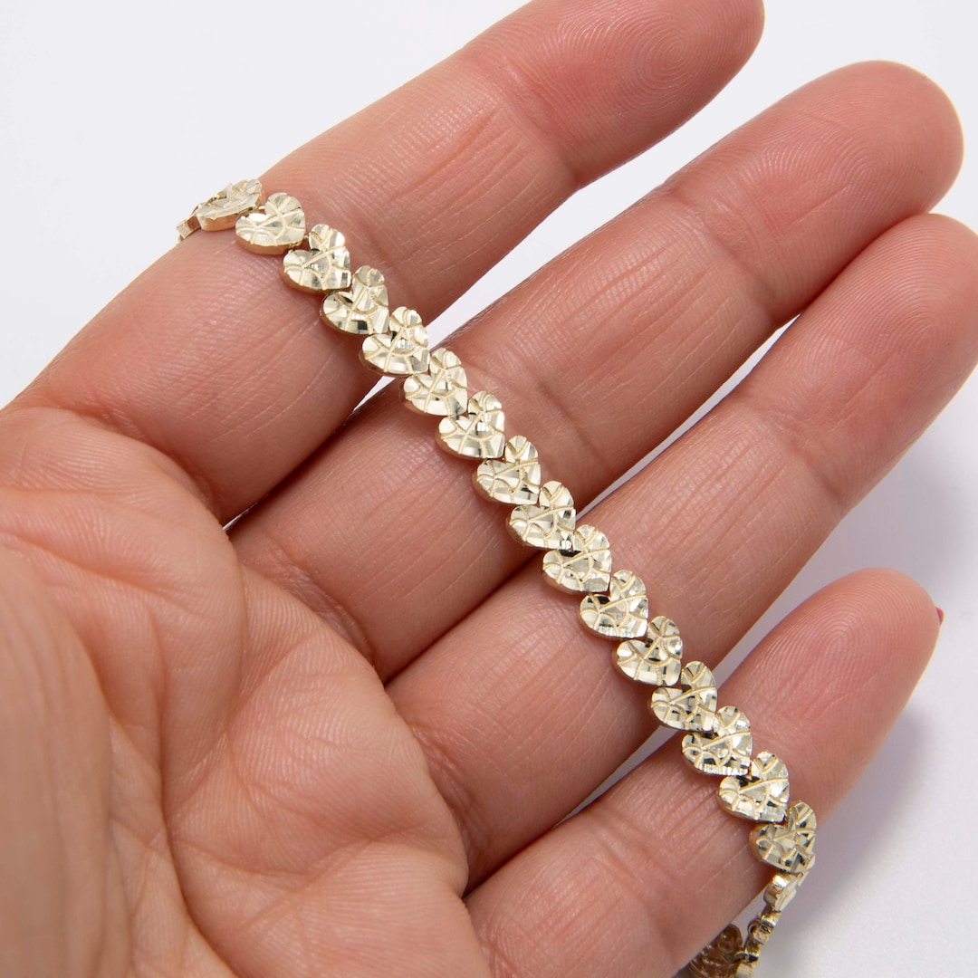 Diamond-cut Nugget Heart Link Bracelet Real 10K Yellow Gold All
