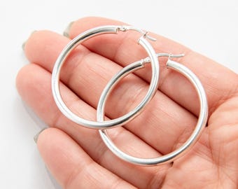 3mm X40mm 1 1/2" Large Plain Shiny Round Hoop Earrings Real 925 Sterling Silver