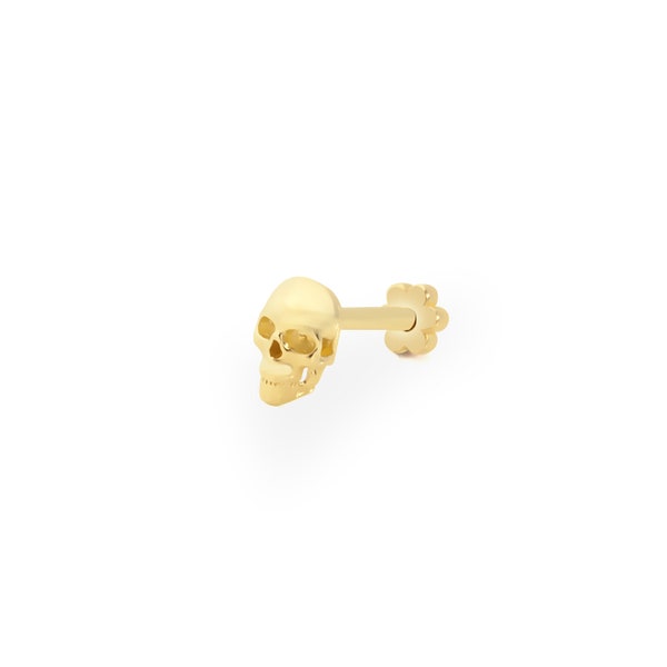 Skull Minimalist Tragus Ear Piercing Stud Solid Real 14K Yellow Gold