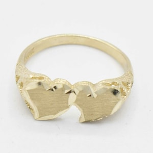 Satin Finish Double Heart with Textured Sides Ring Real Solid 10K Yellow Gold