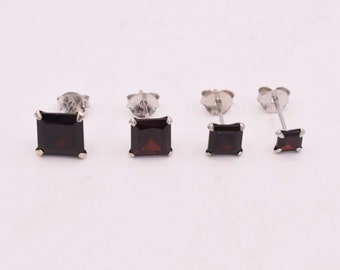 Princess Cut Genuine Red Garnet 925 Sterling Silver Stud Earrings 4mm to 7mm