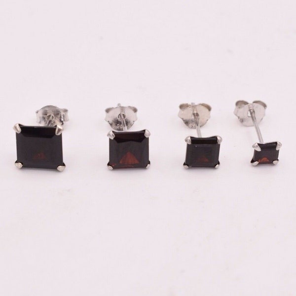 Princess Cut Genuine Red Garnet 925 Sterling Silver Stud Earrings 4mm to 7mm