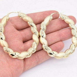 2 3/4&quot; Large Twisted Diamond Cut Bamboo Satin Hoop Earrings Real 10K Yellow Gold