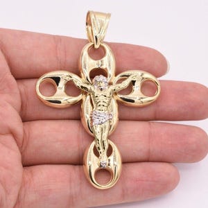 3&quot; Puffed Mariner Jesus Crucifix Cross Pendant Real 10K Yellow White Gold