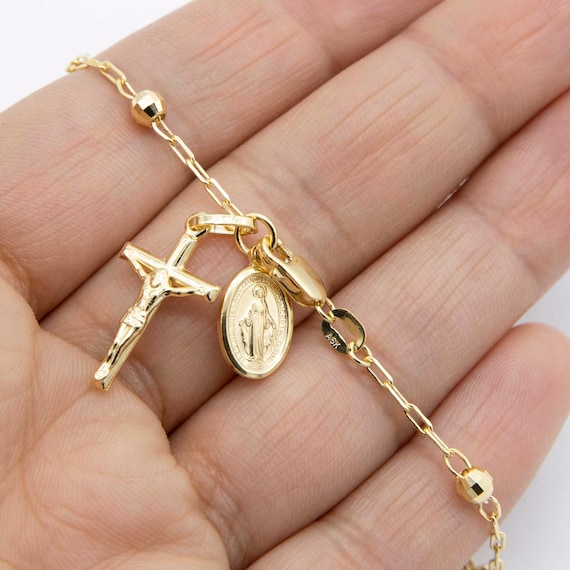 Diamond-cut Rosary Cross Virgin Mary Anklet Real 10K Yellow Gold