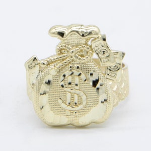 Anello portafortuna con sacco di soldi con taglio a diamante, oro giallo massiccio 10K, tutte le misure