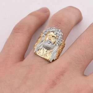 Men&#39;s Jesus Head Nugget Ring CZ Real Solid 10K Yellow White Gold Size 11