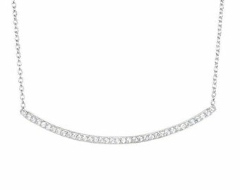 18" Polished CZ Curved Bar Necklace Sterling Silver 925