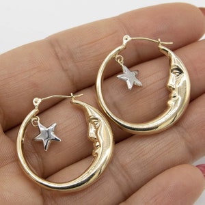 1" Crescent Moon and Star Hoop Earrings Real 14K Yellow White Gold