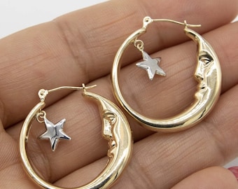 1" Crescent Moon and Star Hoop Earrings Real 14K Yellow White Gold