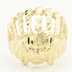 Men&#39;s Textured Indian Chief Head Ring Real Solid 10K Yellow Gold