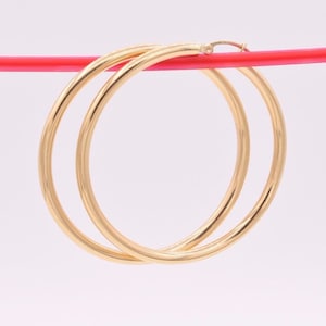 3mm X 50mm 2&quot; Large Plain All Shiny Hoop Earrings REAL 14K Yellow Gold 4.0gr