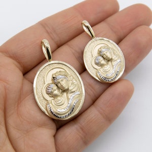 Textured Virgin Mary and Baby Jesus Medallion Pendant 14K Yellow White Gold All