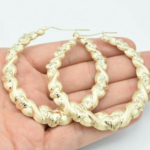 2 3/4&quot; Textured Satin Graduated Heart Hoop Earrings Real 10K Yellow Gold