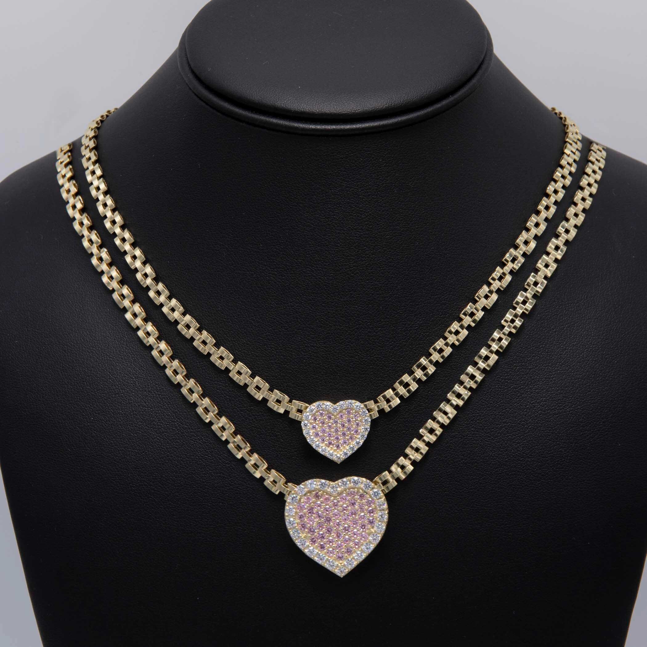 GOLDS♡チェーン付き♡ファー♡レッグカバー♡ZIP♡総レース♡ピンク×黒 CZ Pink Heart Rlx Railroad Chain Necklace Real 10K Yellow Gold All