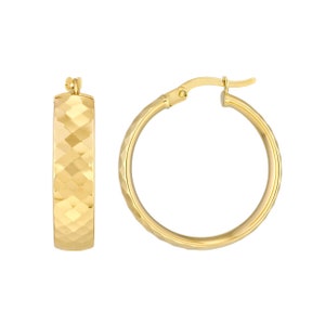 1&quot; Diamond Cut Pattern Round Hoop Earrings Real 14K Yellow Gold