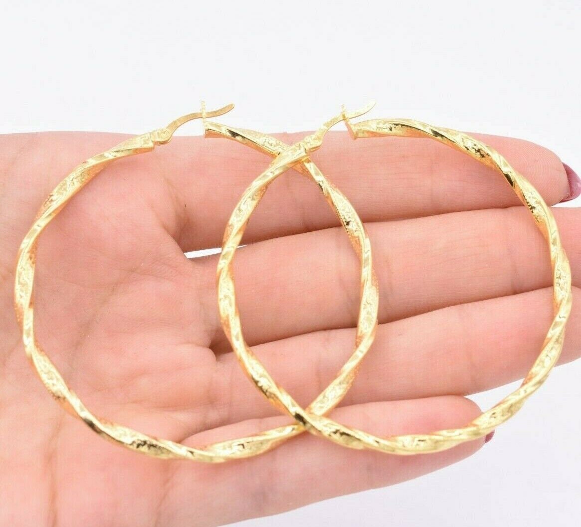 9ct Yellow Gold On Silver Large Twisted Hoop Earrings – 35mm Diameter – Old English Jewellers