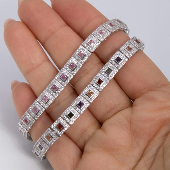 Colorful Round-cut CZ Square Link Tennis Bracelet Sterling