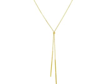 Collar con barra colgante y cable ajustable de oro amarillo real de 14 quilates de 18"