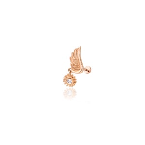 Angel Wing Dangle Minimalist Tragus Ear Piercing Stud Solid Real 14K Rose Gold