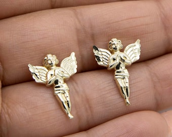 3/4" Diamond Cut Praying Angel Stud Earrings Solid Real 10K Yellow Gold