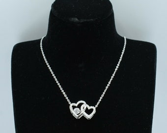 Interlocking CZ Hearts Charm Necklace Sterling Silver 925